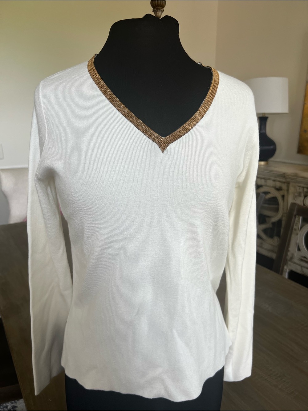 Molly Bracken Cream V-Neck Sweater with Brown Beaded trim